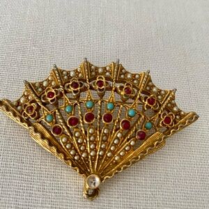 Vintage Gold Brooch with Red and Turquoise Accents